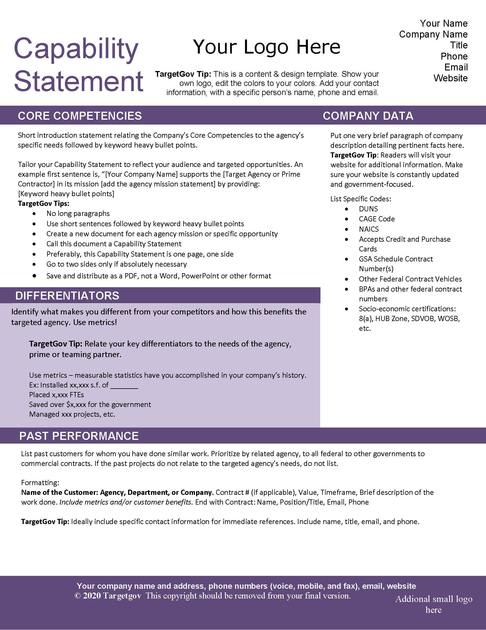 Capability Statement Editable Template - Purple Inside Capability Statement Template Word