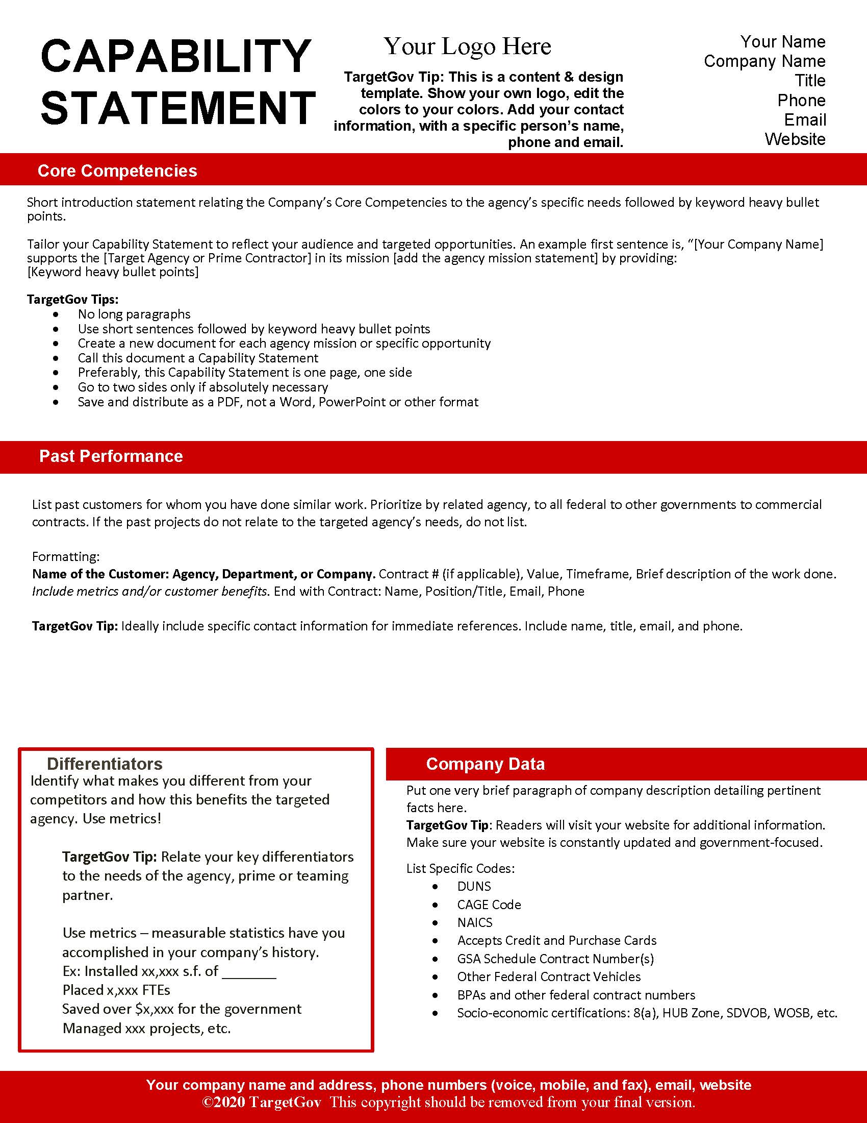 Capability Statement Editable Template - Red Intended For Capability Statement Template Word
