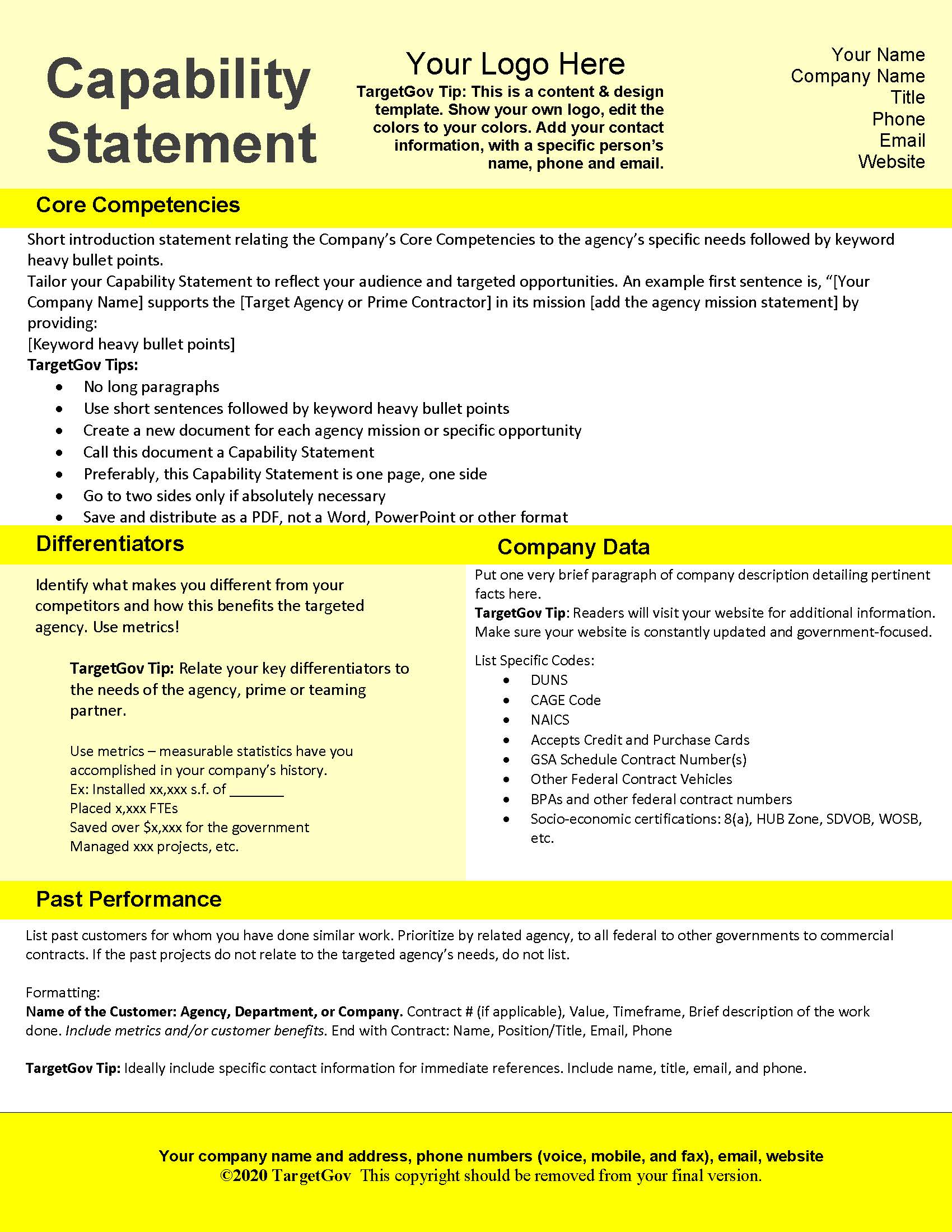 Capability Statement Editable Template Yellow TargetGov TargetGov