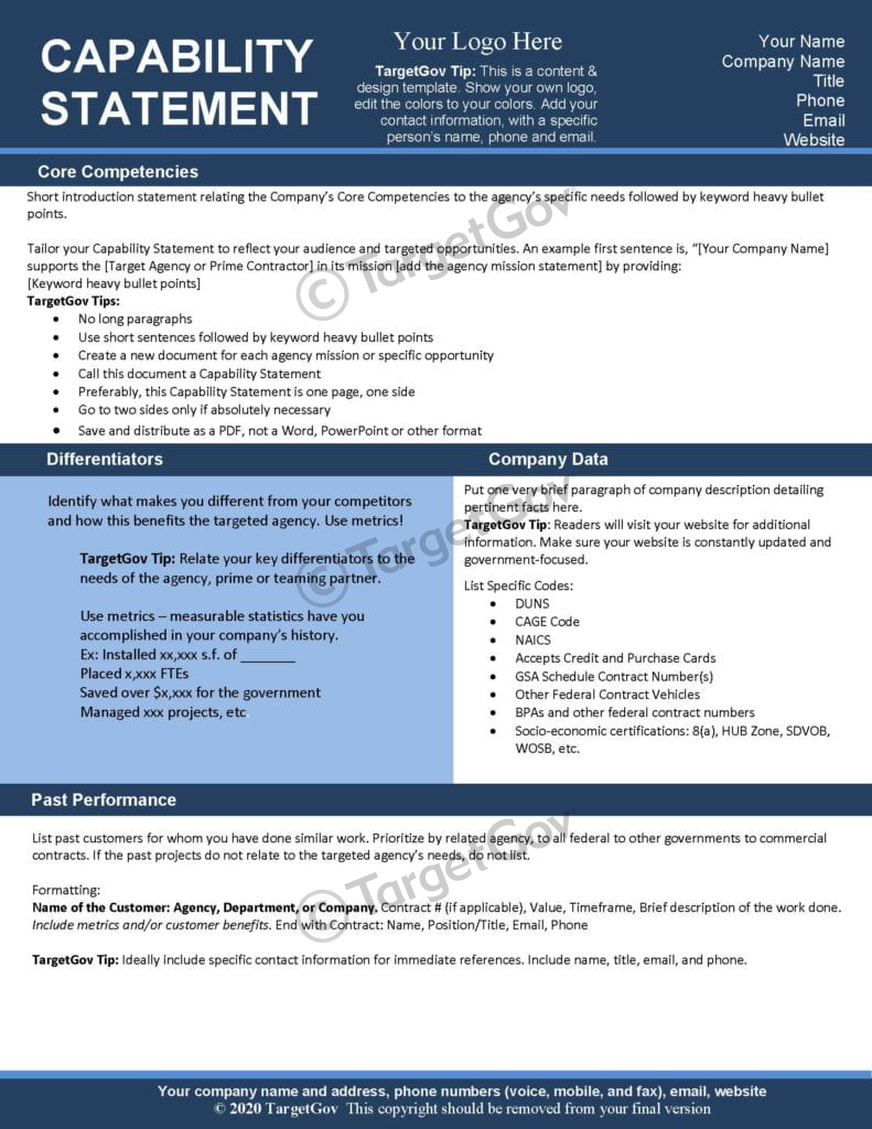 Capability Statement Editable Template Blue and Blue TargetGov
